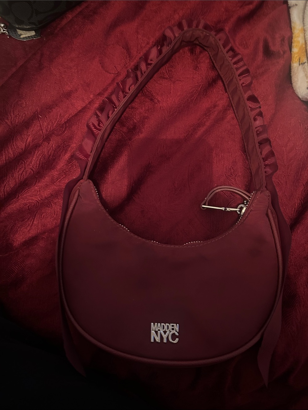 Madden NYC Wine-Red Shoulder Bag with Ruffle Strap